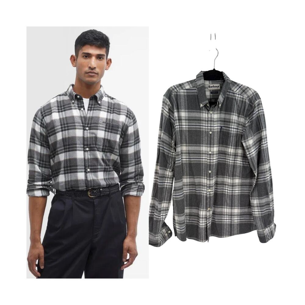 Barbour Fallbay Tailored Fit Flannel Shirt Gray Plaid Button Down Men's Large
